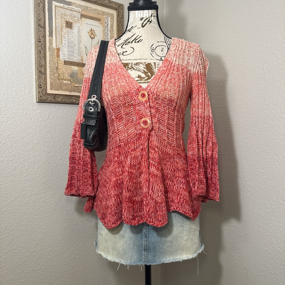 Anthropologie Sparrow Knitted Flowy Bell Sleeve Pink Red Cardigan Sz Small